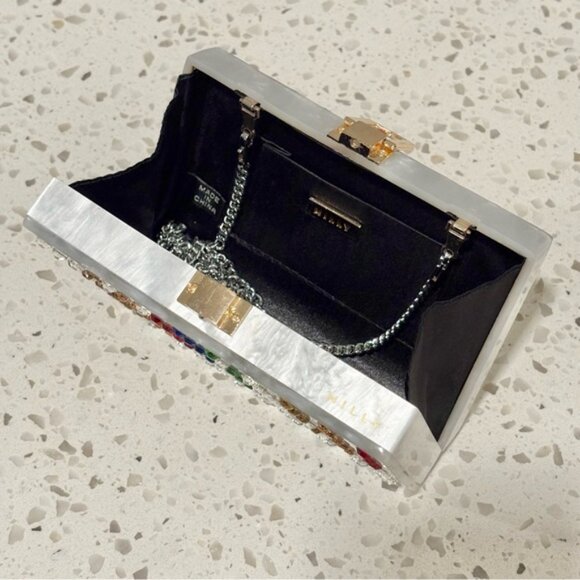 Milly Box Acrylic Clutch Swarovski Crystal Rainbow Stripe Removable Chain - Picture 9 of 14